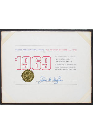1969 "Pistol" Pete Maravich LSU United Press All-American Basketball Team Award (Maravich Family LOA • HoF LOA)