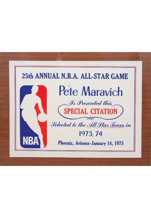 1973-74 "Pistol" Pete Maravich NBA All-Star Team Award Plaque (Maravich Family LOA • HoF LOA)