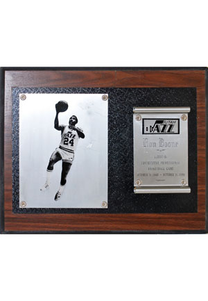 10/31/1980 Ron Boone Utah Jazz 1,000th Consecutive Professional Basketball Game Award Plaque (Boone LOA • HoF LOA)