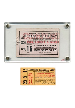 Babe Ruth Day Ticket Stubs — 4/27/1947 at Cleveland Stadium & 8/16/1947 at Comiskey Park (2)