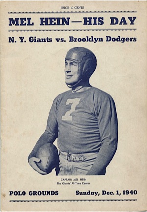 1/1/1940 New York Giants vs. Brooklyn Dodgers "Mel Hein Day" Official Game Program