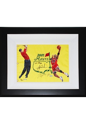 Framed Hand-Painted 2005 Masters Flag Signed by Tigers Woods & Michael Jordan (JSA)
