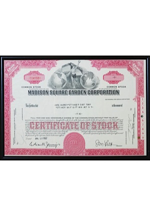 July 13, 1967 Original Madison Square Garden Corporation Stock Certificate