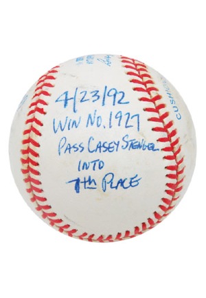 4/22/1992 & 4/23/1992 Sparky Andersons Game-Used & Autographed Baseballs From His 1,926th/1,927th Managerial Wins Tying/Passing Stengel for 7th All-Time (2)(JSA • Family LOA)