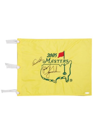2005 Masters Flag Autographed by Arnold Palmer, Jack Nicklaus and Tiger Woods & World Golf Hall of Fame Flag Autographed by Palmer & Nicklaus (2)(JSA)