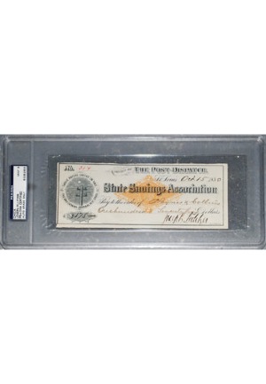 10/15/1880 Joseph Pulitzer Check (JSA • PSA/DNA Mint 9)