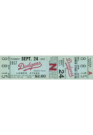 9/24/1957 Pittsburgh Pirates at Brooklyn Dodgers Full Ticket (Last Game at Ebbets Field)