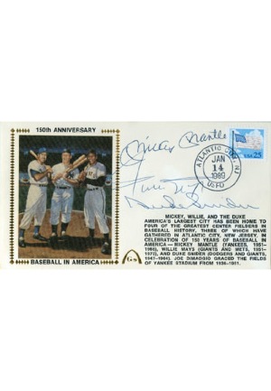 1/14/1989 Postcard Signed by Mickey Mantle, Willie Mays & Duke Snider (JSA)