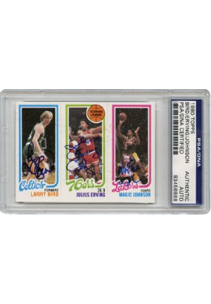Encapsulated & Autographed 1980-81 Topps Basketball Larry Bird/Julius Erving/Magic Johnson Tri-Panel RC Card (JSA • PSA/DNA • BBHoF LOA)