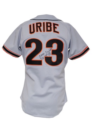 1988 Jose Uribe San Francisco Giants Game-Used & Autographed Road Jersey (JSA)