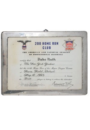 1960s Babe Ruth 200 Home Run Club Award Signed by Cronin & Giles (JSA)