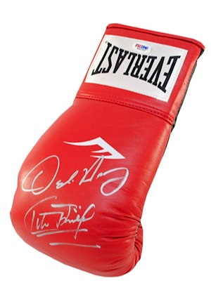 Boxing Glove Autographed by Oscar De La Hoya & Manny Pacquiao & Boxing Glove Autographed by Oscar De La Hoya & Felix Trinidad (2)(JSA)