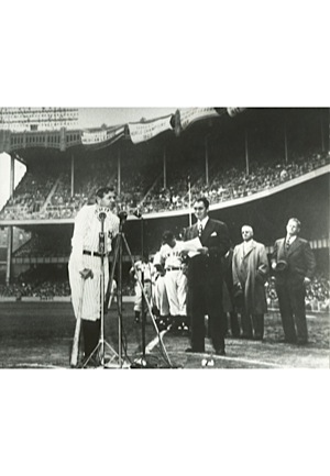 6/13/1948 Mel Allen and Babe Ruth "Babe Ruth Day" Photo & Yankee Stadium Postcard Signed by Mel Allen with “MC Silver Anniversary of Yankee Stadium 1948” Inscription (2)(JSA)