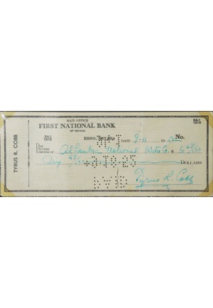 Framed 9/11/1952 Ty Cobb Signed Check (Full JSA)