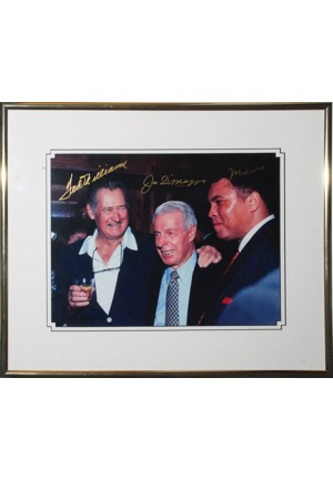 Framed Ted Williams, Joe DiMaggio & Muhammad Ali Autographed Photo (JSA)