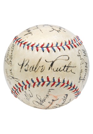 Exceptional 1931 New York Yankees Team Autographed Official American League Baseball with Ruth & Gehrig (Full JSA LOA • 23 Sigs & 10 HoFers)