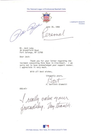 6/30/1988 Pete Rose & Bart Giamatti Signed Letter with Rose Content (Full JSA) 