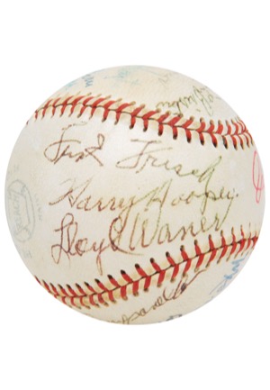 Hall of Famers Multi-Signed Baseball with Paige, Traynor, Stengel, Hooper, Frisch & Mrs. Babe Ruth (17 Sigs • JSA)