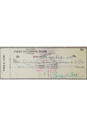 Framed 2/3/1954 Tyrus R. Cobb Signed Check (JSA)
