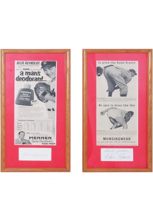 Framed Ralph Branca & Allie Reynolds Autographed Cuts with Featured Advertisements (2)(JSA)