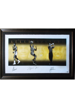 Framed Muhammad Ali, Michael Jordan & Tiger Woods Autographed "Legends of Sport" Limited Edition Print (JSA • UDA)
