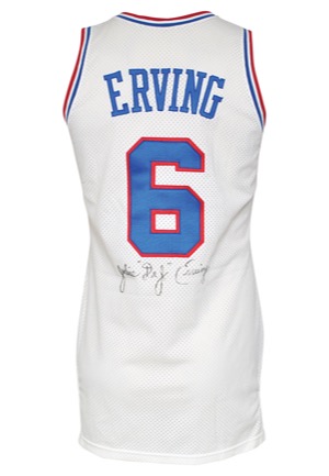 1986-87 Julius “Dr. J” Erving Philadelphia 76ers Game-Used & Twice-Autographed Home Uniform (2)(JSA • Equipment Manager LOA • Final Season)