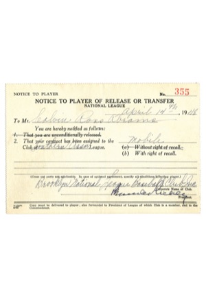 4/14/1948 Cal Abrams Brooklyn Dodgers Notice of Transfer Signed by Branch Rickey (JSA)