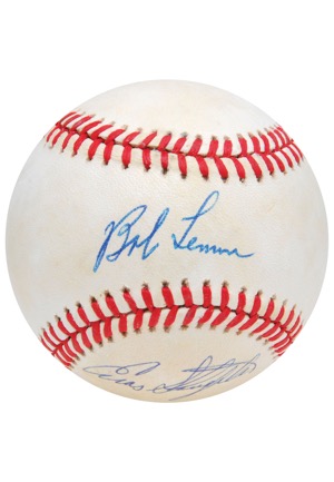 Bob Lemon, Bob Feller, Enos Slaughter Multi-Signed Baseball (JSA)