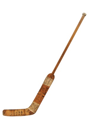 Circa 1960 Eddie Giacomin AHL Providence Reds Game-Used & Multi-Signed Goalie Stick (JSA • 32 Sigs & 28 HoFers)