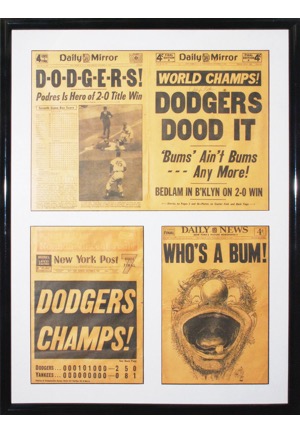 Framed 10/5/1955 Brooklyn Dodgers Newspapers, One Autographed by Johnny Podres (2)(JSA • Championship Season)