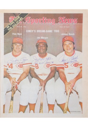 7/28/1973 Sporting News "Cincys Dream-Game Trio" Signed by Pete Rose, Joe Morgan & Johnny Bench (JSA)