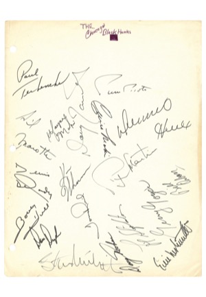 1967-68 Chicago Blackhawks Team-Signed Page & Béliveau, Hull & Howe Autographed Index Cards (4)(JSA)
