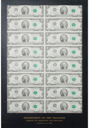 Uncut Sheet of 16 $2 Federal Reserve Notes with Original Department of the Treasury Packaging (Series 1976)