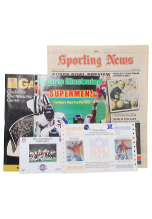 1986 Chicago Bears Playoff Tickets, AFC Championship Program, 1/20/1986 The Sporting News, 2/3/1986 Sports Illustrated & SBXX Commemorative Stamps (5)