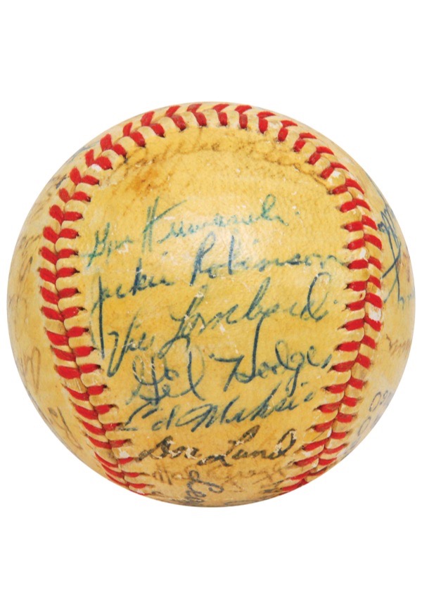 Lot Detail - 1947 BROOKLYN DODGERS TEAM SIGNED ONL (FRICK) BASEBALL WITH  ROOKIE JACKIE ROBINSON, REESE, SNIDER, HODGES, ETC. - PSA/DNA LOA