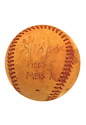 9/18/1963 New York Mets vs. Philadelphia Phillies Game-Used Baseball (Last Game Ever At Polo Grounds)