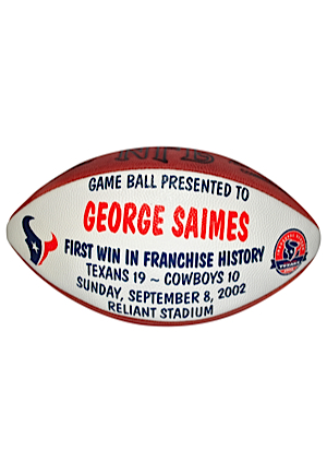 9/8/2002 Houston Texans Game-Used Football From First Franchise Win