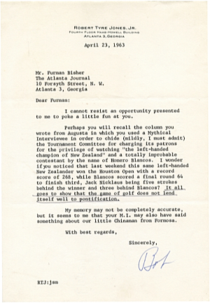 1963 Bobby Jones Letter With Jack Nicklaus Content (JSA)