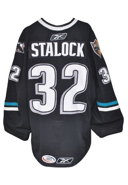 2009-10 Alex Stalock Rookie AHL Worcester Sharks Game-Used Black Jersey (Team LOA)