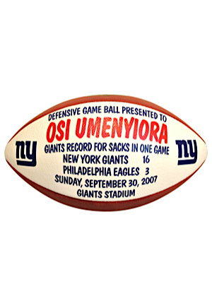 New York Giants Game-Used Presentation Footballs — 9/30/2007 Osi Umenyiora & 1/20/2008 Corey Webster (2)(Giants Record For Sacks In One Game • NFC Championship Game)