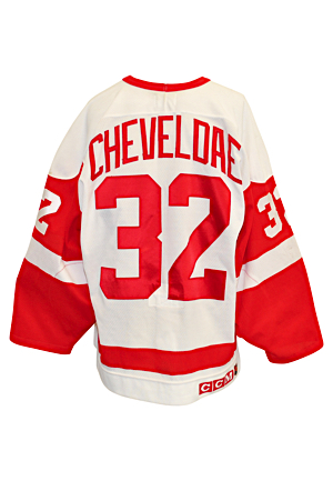 1992-93 Tim Cheveldae Detroit Red Wings NHL Playoffs Game-Used & Autographed Home Jersey (JSA • Team Stamp)