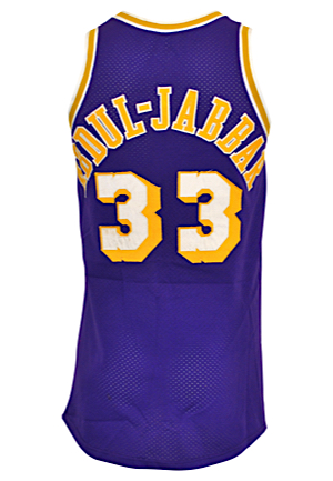 1985-86 Kareem Abdul-Jabbar Los Angeles Lakers Game-Used Road Jersey (Left On Team Bus • LOP From Bus Driver)