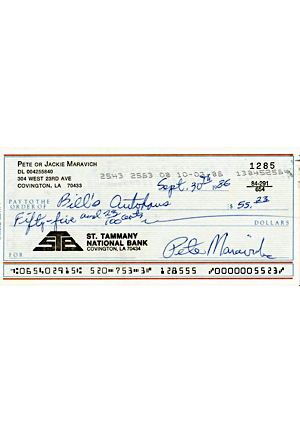 Pete Maravich Autographed Personal Bank Check (JSA)