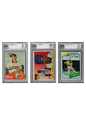 Beckett Graded Topps Baseball Cards — 1963 Sandy Koufax #210 (Good 2), 1980 Rickey Henderson #482 (Near Mint 7) & 1955 Ernie Banks #28 (G-VG 2.5)(3)