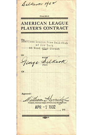 1932 George Selkirk New York Yankees Player Contract (JSA • Player Who Wore No. 3 After Ruth)