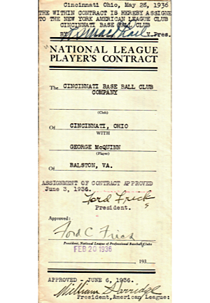 1936 George McQuinn & Irving Hadley Cincinnati Reds & New York Yankees Player Contracts (2)(JSA)
