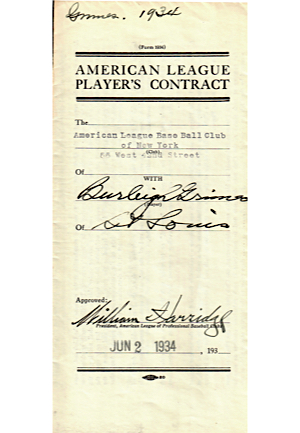 1934 Burleigh Grimes New York Yankees Player Contract (JSA)