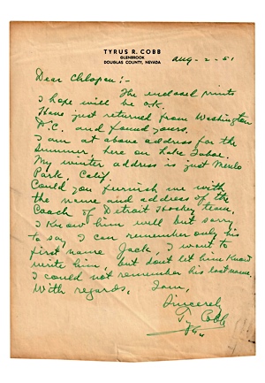 1951 Ty Cobb Handwritten & Signed Letter On Cobb Stationary In Customary Green Ink (Full JSA)