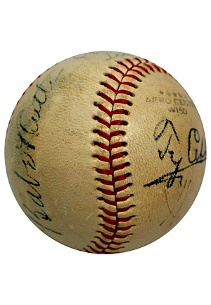 Incredibly Rare Babe Ruth & Ty Cobb Dual Autographed Baseball Signed As Opposing Managers Of The 1945 Esquires All-America Game (PSA/DNA & Beckett LOAs • Direct Family Provenance • Very Rare) 