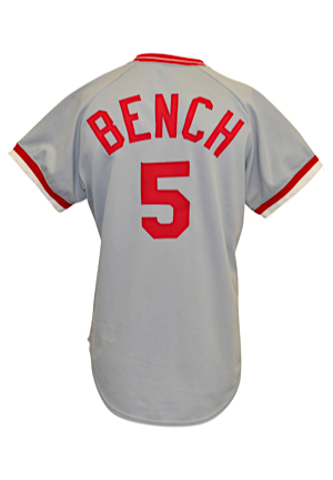 1978 Johnny Bench Cincinnati Reds Game-Used Road Jersey (Photo-Matched • Great Use With Clear Chest Protector Wear Pattern)